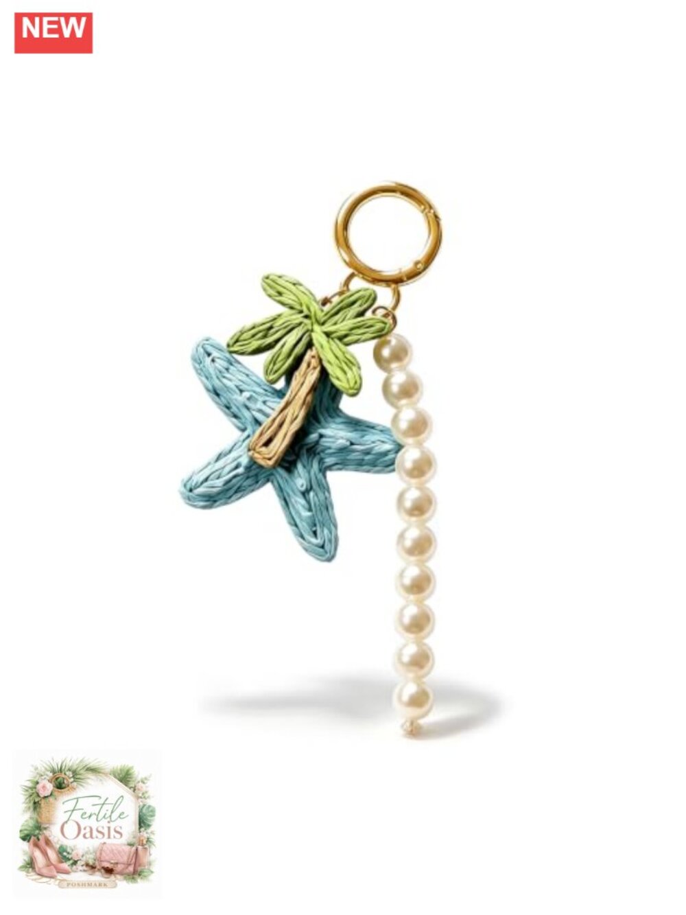 Rattan Starfish Coconut Tree Bag Charm Keychain for Tote Handbag Beach Summer